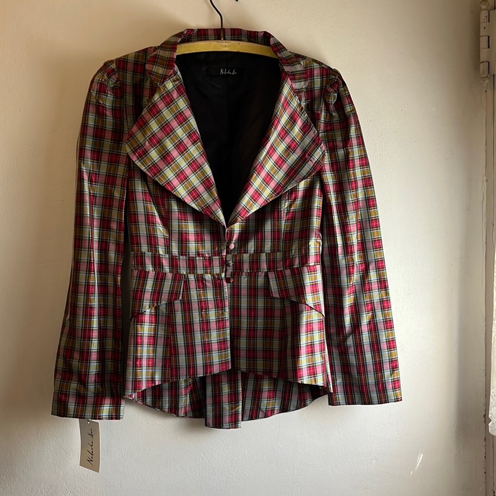 Vintage style frock coat. Natasha Ann. Red, grey, green plaid. Size M